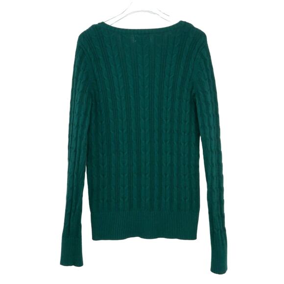 90s Vintage Emerald Green Cable Knit V-Neck Sweater Preppy Small - Picture 2 of 5